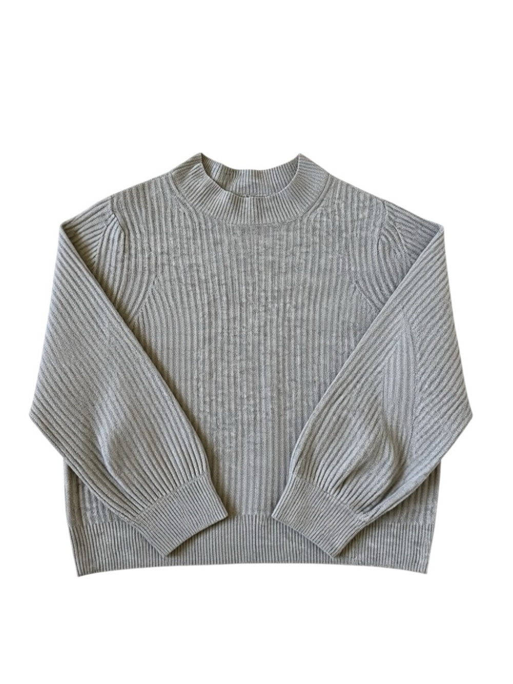 Ribbed Mock Neck Soft Grey Pullover Balloon Sleeves | Boxy Loose Fit | XL